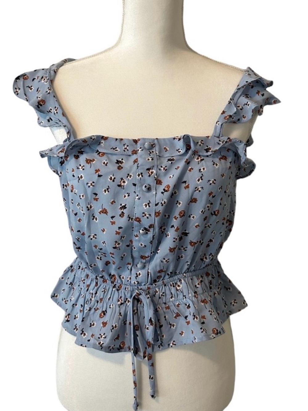 Sienna Sky | Sky Blue Floral Ruffle Hem Peplum Chiffon Crop‎ Top | Size Large